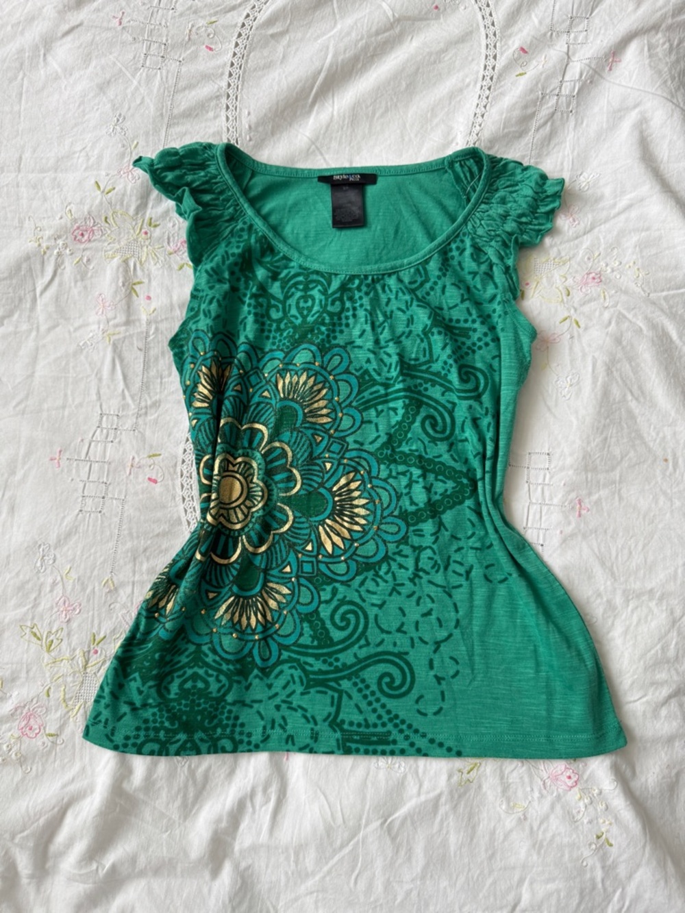 Style&Co Teal Floral Mandala Boho Scoop Neck Ruffle Cap Sleeve Top Size S